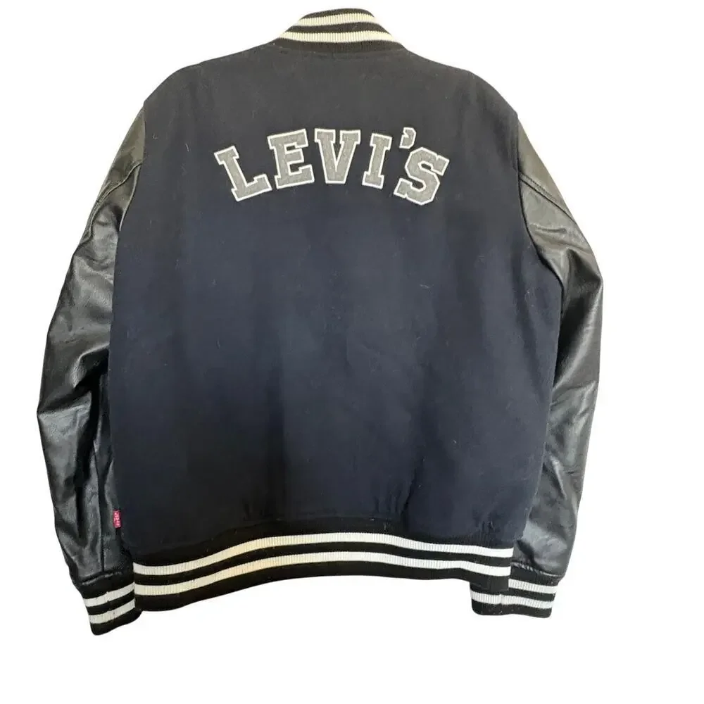 Levi’s Varsity Bomber Jacket L Navy Faux Leather Sleeves 73